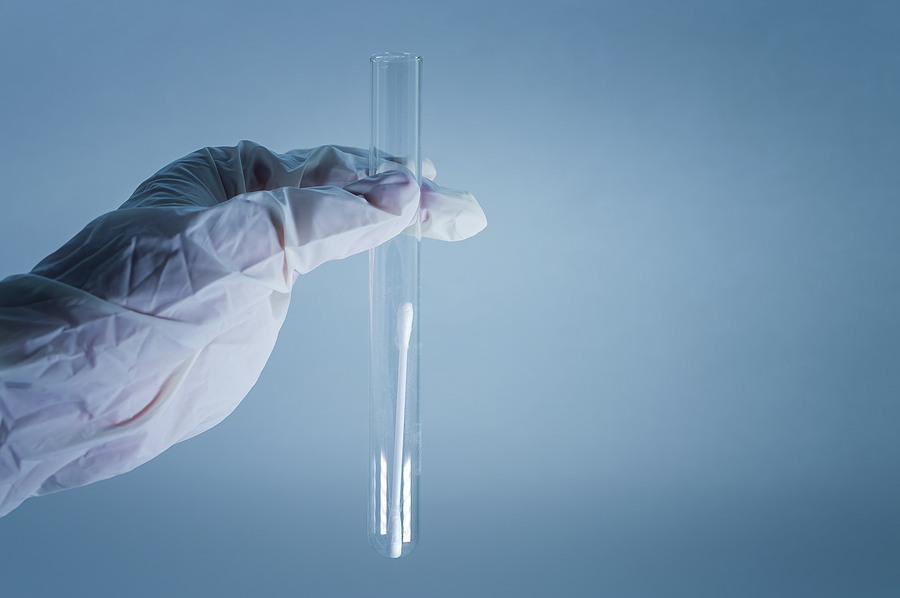 Medical Laboratory. A Test Tube With A Clear Liquid In The Hand
